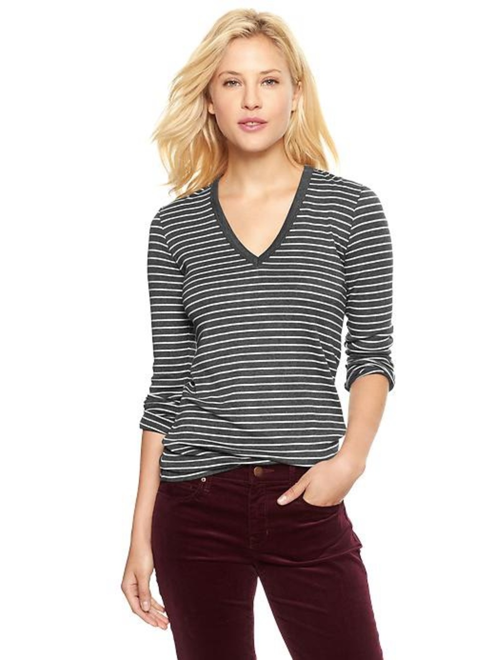 Gap the Bowery Striped V-Neck Long Sleeve Top in Charcoal & White super soft